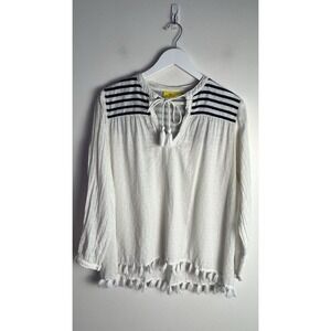 Roberta Roller Rabbit Womens White Swiss Dot Navy Stripes Tassel Tunic Top Sz S